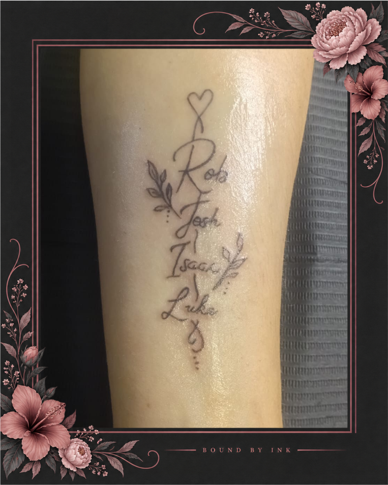 Family names and love fine-line tattoo by Bound by Ink